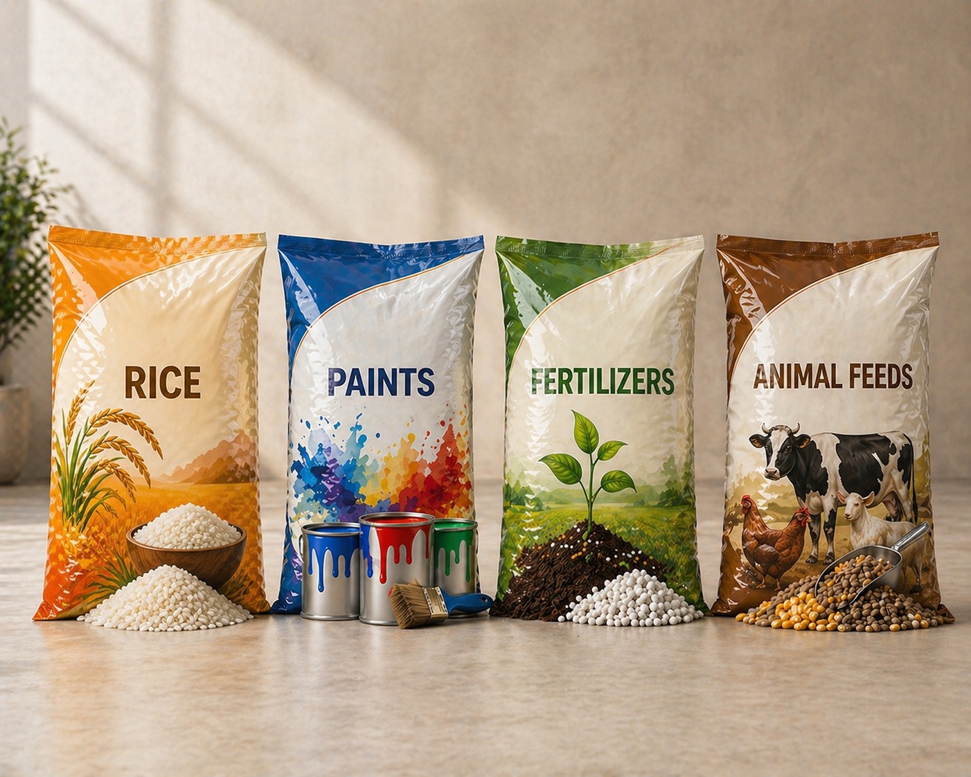 Four BOPP laminated printed retail bags — rice, paints, fertilisers and animal feeds
