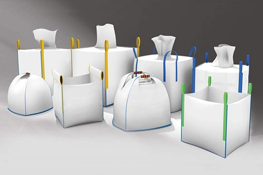 Range of white FIBC bulk bags — U-panel, circular, 4-panel and baffle types with coloured lift loops