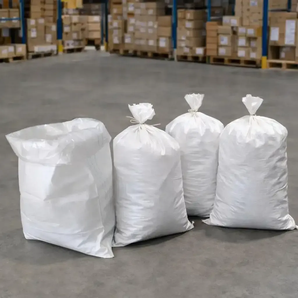 Filled white PP woven sacks on a warehouse floor